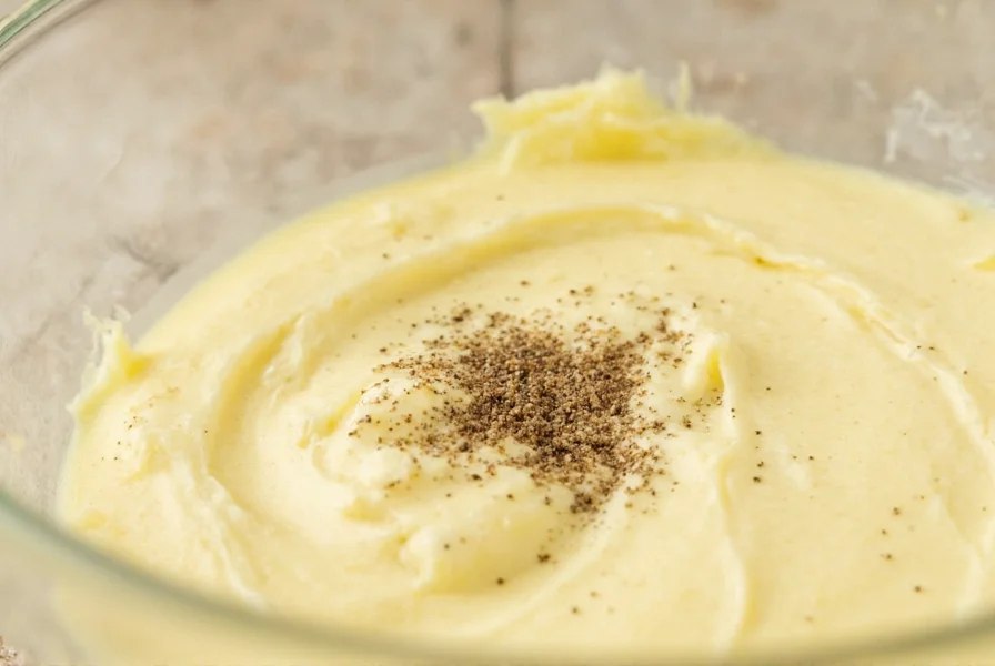 Close-up of freshly ground black pepper being mixed into creamy mayonnaise in a glass bowl
