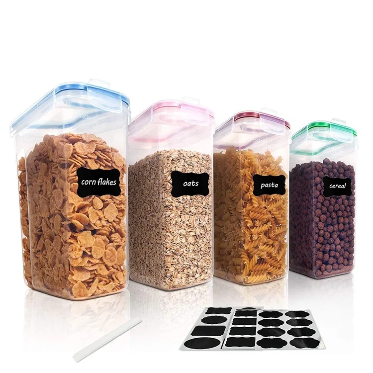 

Set - 4 Piece Airtight Large Dry Food Storage Containers 135.2oz 4L Plastic Cereal Storage Containers with Black Labels, Pink ,blue,green