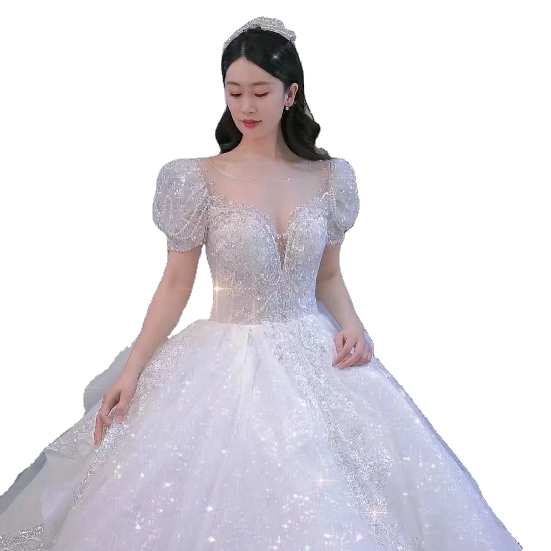 

luxury ball gowns long train New design fashion deep V ball bridal gown wedding dress with bead, Custom made