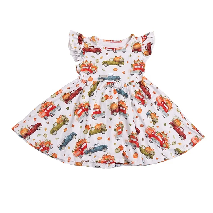 

latest design cartoon pattern print Milk silk dress with big ruffle girl twirl dress, Picture shows