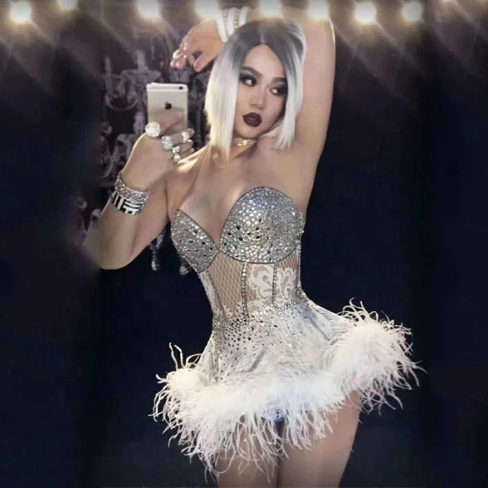 

White Feather bodysuit stage Glisten Rhinestones Birthday Celebrate Dress Nightclub Party Singer Costume Dance Show Outfit