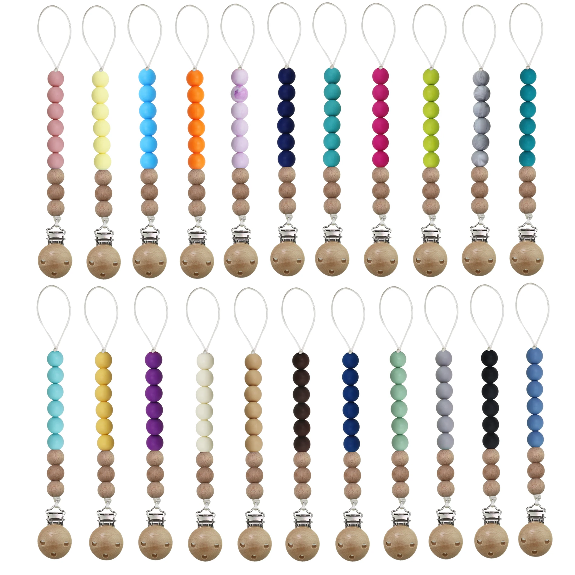 

2021 New Summer DIY Customized Silicone Beaded Holder Wooden Dummy Baby Soother Chain Silicon Pacifier Clip, 40 colors available