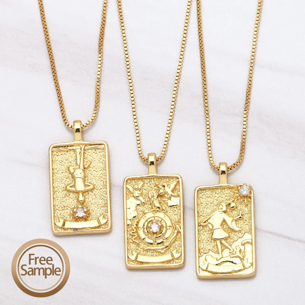 

New Fashion 18k Gold Plated Square Pendant Creative Tarot Card necklace Zircon Brass Necklace