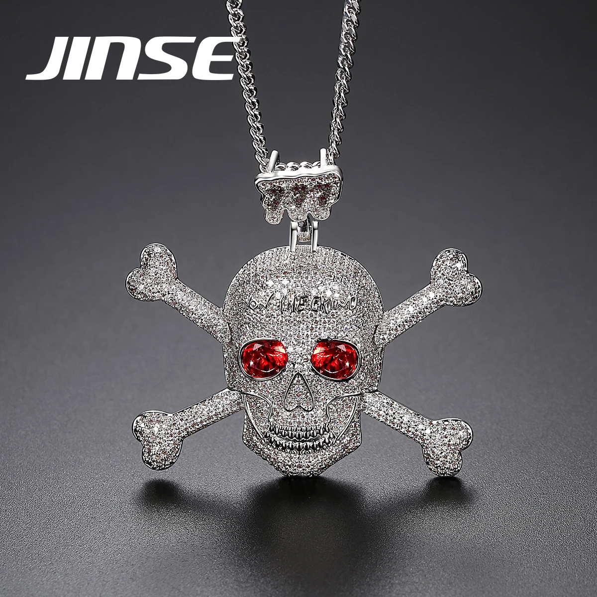 

JINSE Hip Hop Jewelry Necklace Woman/Man Fashion One Head And Two Bones Pendant 30in Twist Jewelry 3A Copper Zircon Necklace