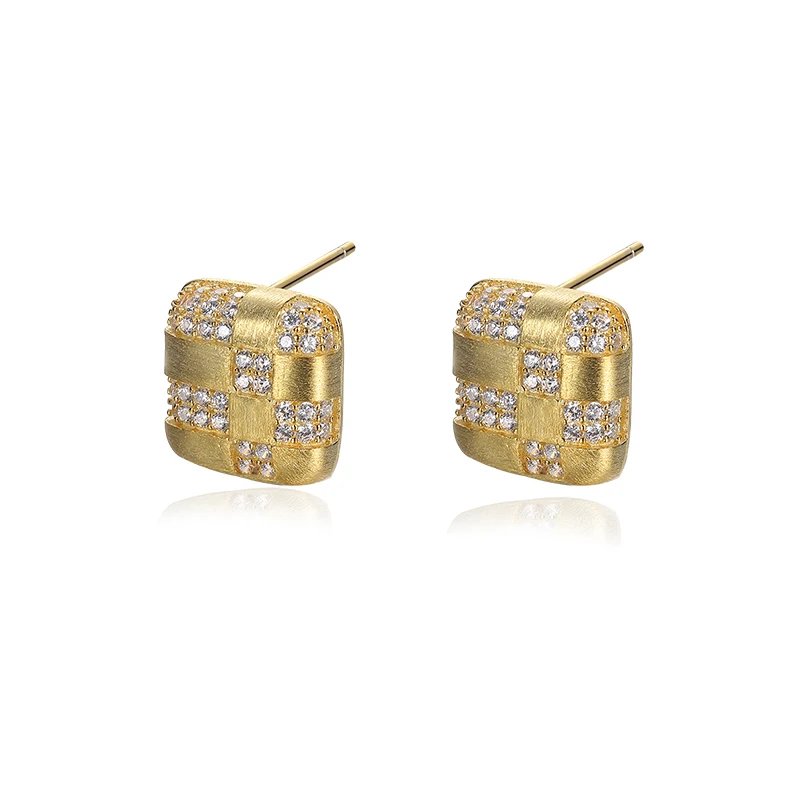 

Dainty Custom 925 Sterling Silver Brushed Jewelry 18K Gold Plated Zircon Pave Square Shape Stud Earrings