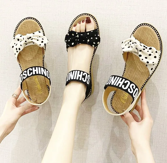 

2020 Summer Latest Style Women Flat Sandals With Cute Polka Dot Bowknot