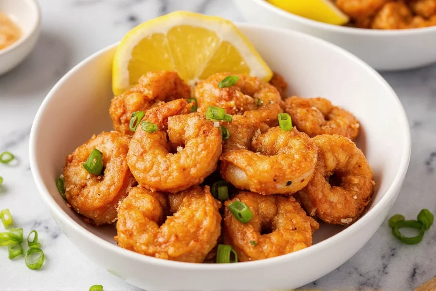 Crispy salt and pepper shrimp served in white bowl with lemon wedges and scallions