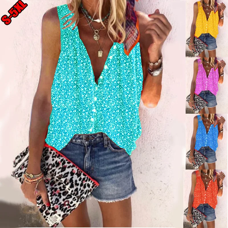 

New product ideas 2021 Sexy v-neck loose vest casual a row of button-down sleeveless shirt fashion print sleeveless shirt, Picture showed