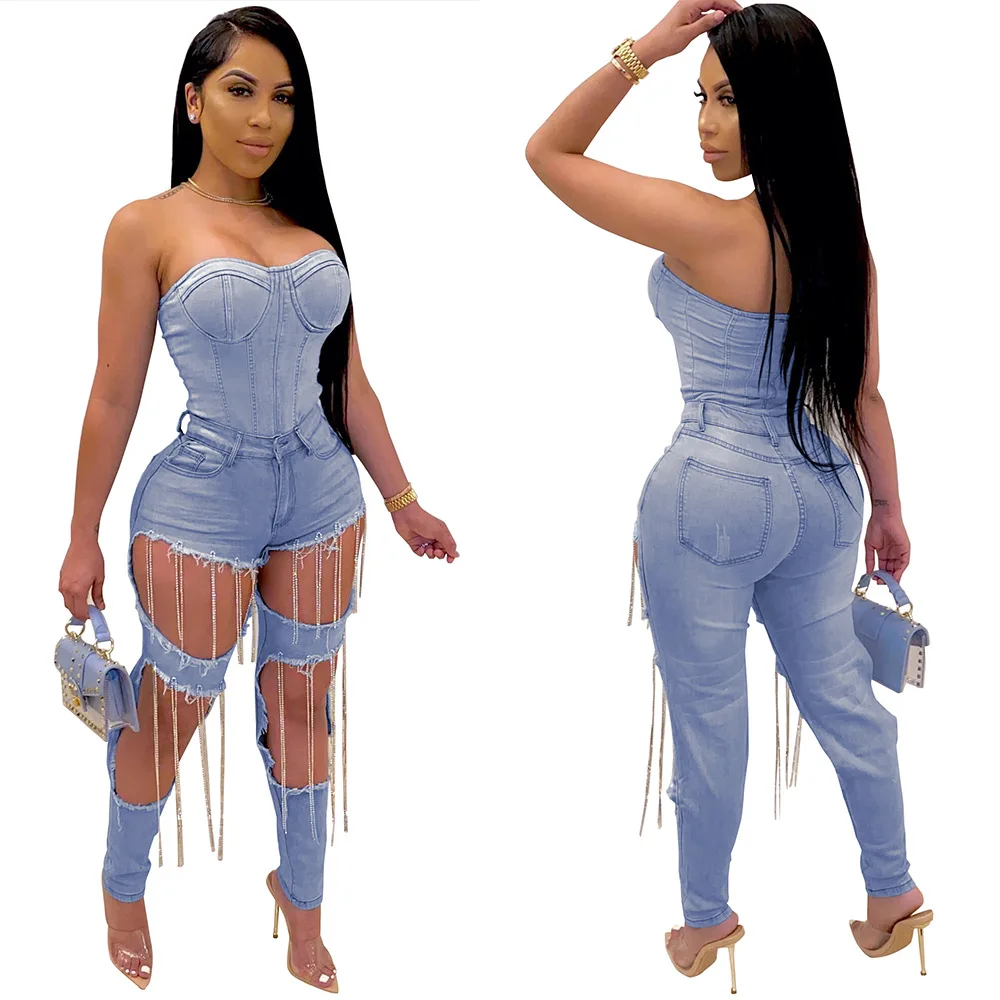 

women stretch jeans spring summer holes design chain club sexy slim fit long trousers ladies clothing