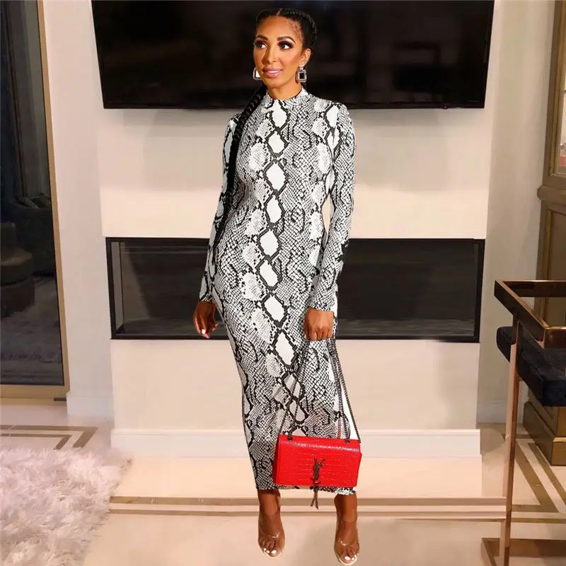 

Front Zipper Sexy bodycon Club Party Women Print Long Sleeve Snake Prints Dress