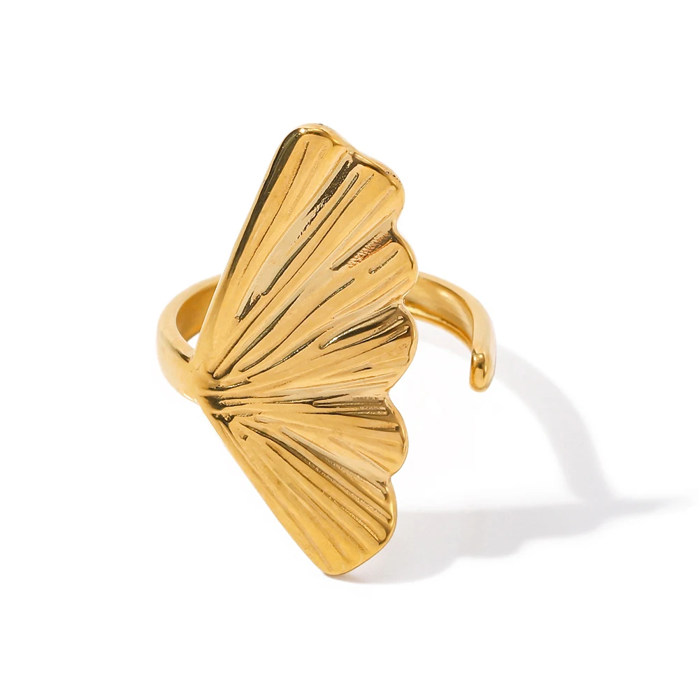 

New Arrival Stainless Steel 18K Gold Plated Ring Gift Opening Ginkgo Leaf Shaped Rings For Women