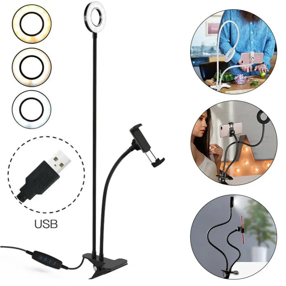 

Flexible desktop video selfie ring light phone holder, Black white