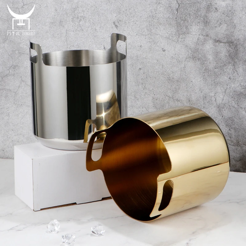 

New design gold metal ice bucket champagne wine beer stainless steel beverage tub with double handle