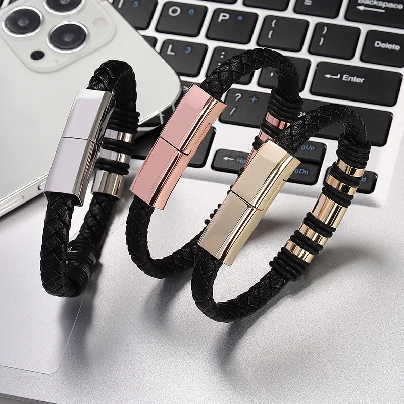 

20cm/22.5cm Braided Leather Data Cable Type-C Android Charging Sport Wristband USB Charger Bracelets