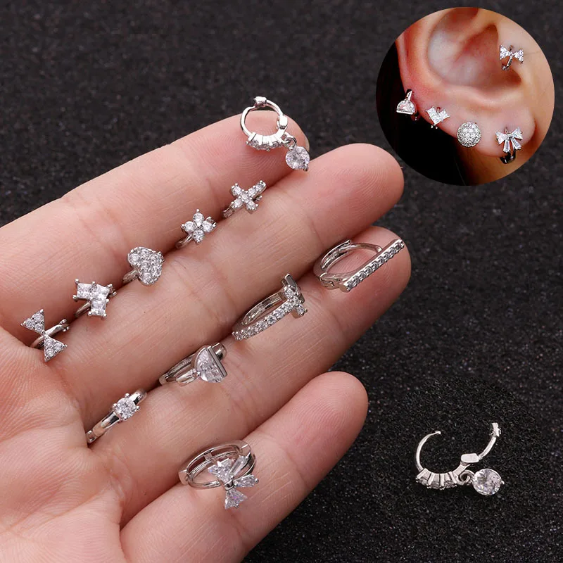 

Wholesale Hoop Small Bowknot Heart Cuff CZ Micro Pave Mini malistic Earrings Clip For Woman