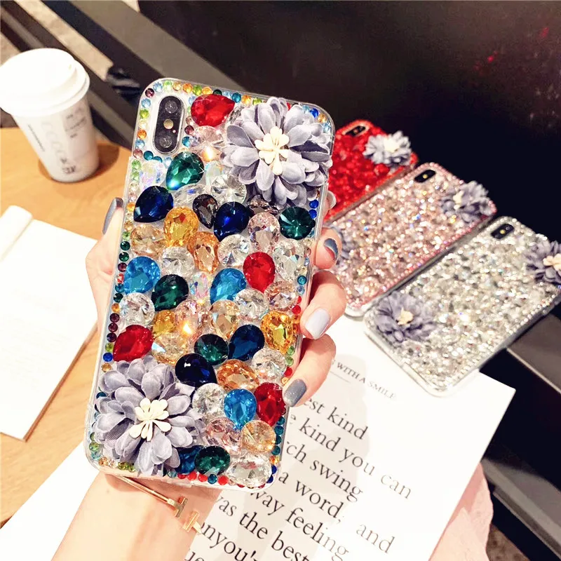 

Luxury Handmade Colorful Flower Rhinestone Diamond Phone Case For iPhone 12 Xs Max 11 Pro 7 8 Plus Bling Glitter Back Cover