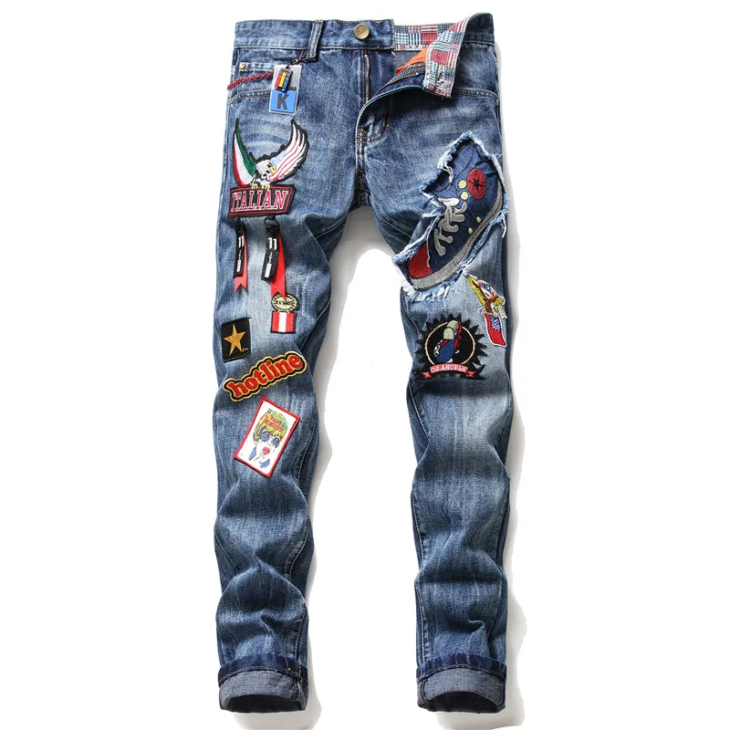 

New men's embroidered multi badge slim fit men's jeans