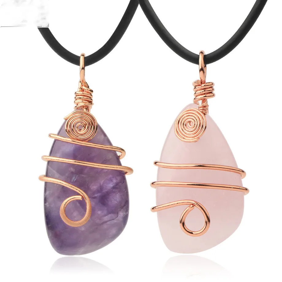 

Wire Wrapped Natural Irregular Raw Crystal Pendant Necklace Healing Tumbled Gemstone Jewelry for Women Girl Amethyst Rose Quartz, Picture