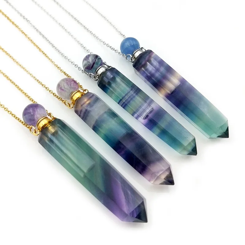 

Natural Color Fluorite Gemstone Crystal Bullet Crafts Point Perfume Bottle Pendant Necklace Essential Oil Vial Jewelry for Girl, Rainbow