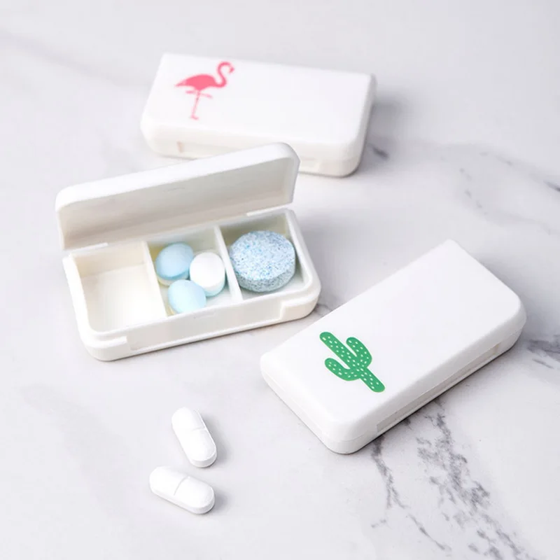 

Three Grid Storage Mini Portable Plastic Pill Organizer Medicine Case Pill Box For Daily And Travel Use Vitamin Medical Kit, Flamingo&cactus&turtle leaf&pineapple&letters