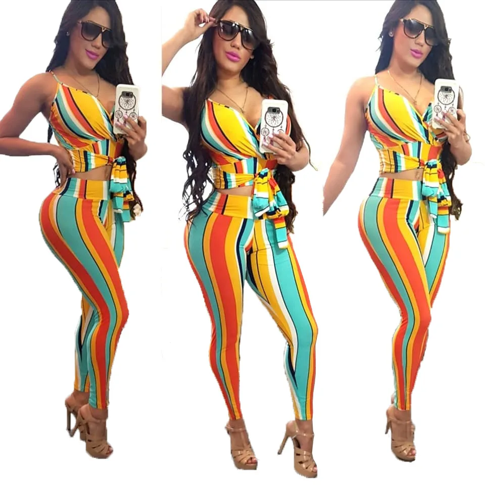 

S to XL Sexy women's spring and summer fashion digital printing stripe two-piece suit