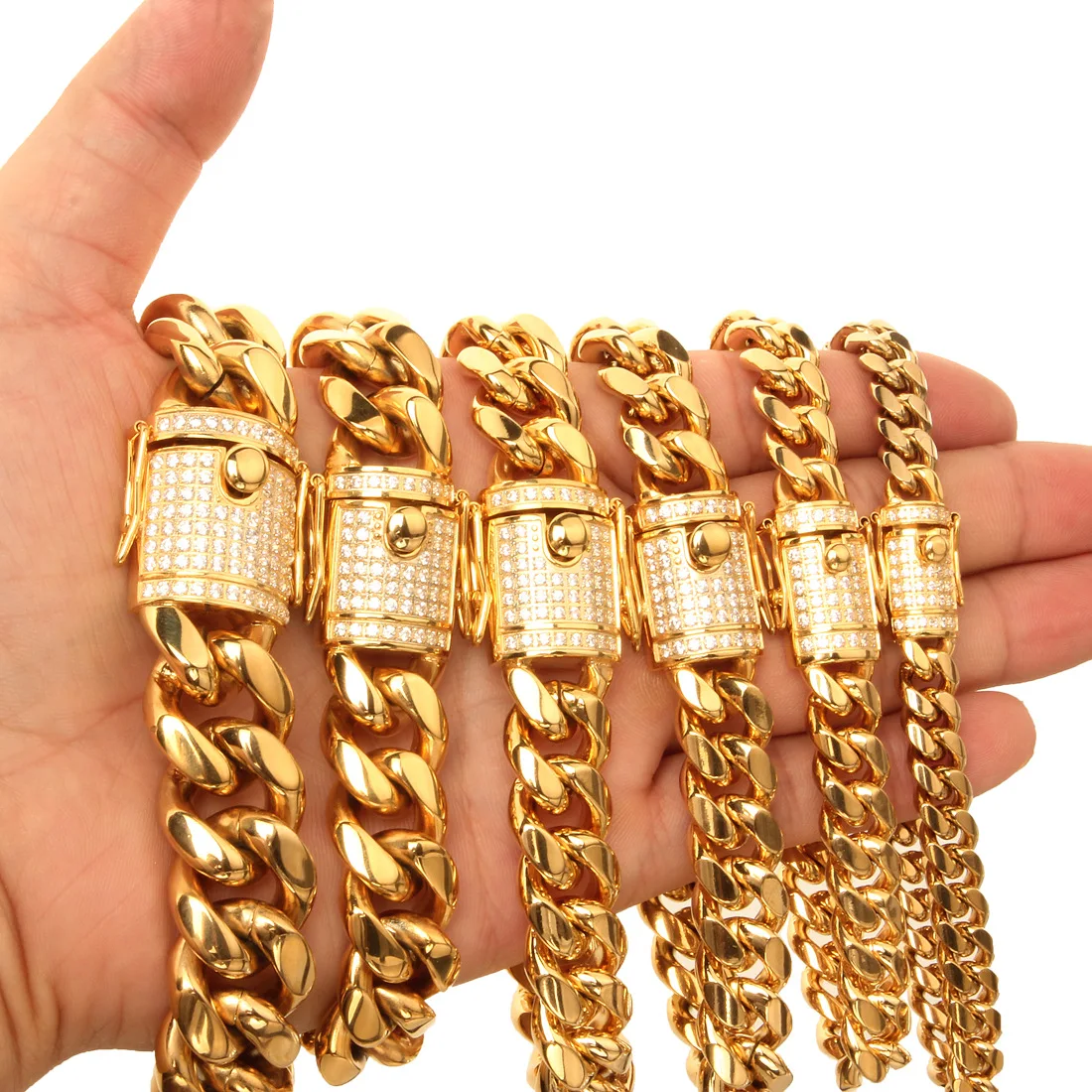 

European Hot Selling Hips Hops Thick Chunky Iced Out Buckle Real 18K Solid Gold 316L Stainless Steel Men's Cuban Link Chain