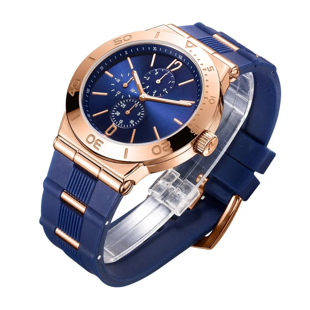 

2021 Hot Sale Reloj De Hombre Blue Silicone Strap Japan Movt Orologio Uomo Rose Gold Case Sports Custom Men Watch Luxury