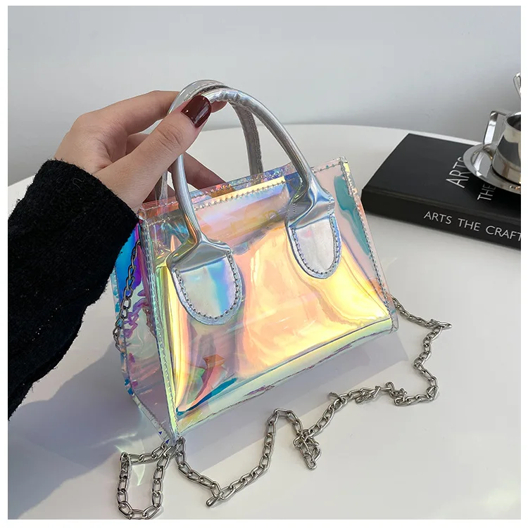 

Summer Clear Jelly Bag Newest Shine Lady Laser Bag Women Shoulder Handbag Metal Chain Use