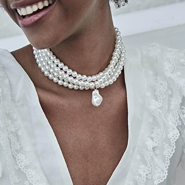 

Fashion Multi Layered Imitation Pearl Choker Necklace for Women, White