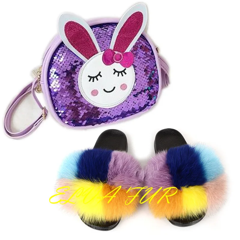 

2020 ELVA FUR Hot sales Cute colorful silver furry slippers kids big fluffy fox fur slides all colors for baby fur slides, Colours