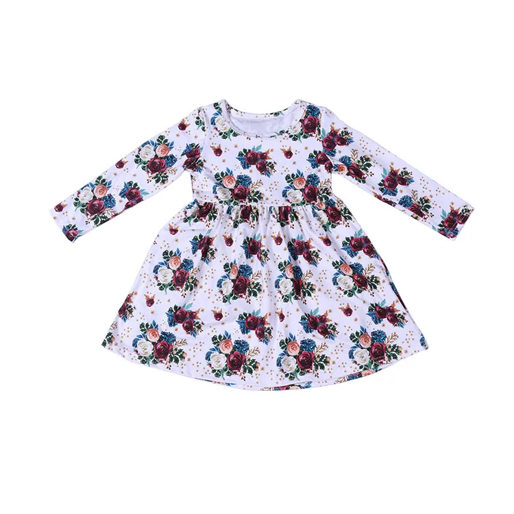 

New Style Autumn Dresses For Girls Kids Long Sleeve Frocks Flower Print Girl Party Dress, Pink