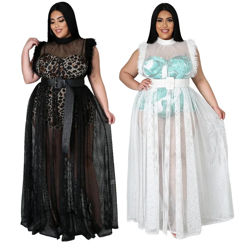 

Plus Size Set Women Clothing Fall 2021 Temperament Perspective Sexy Mesh Long Skirt Dress Women Two Piece Set