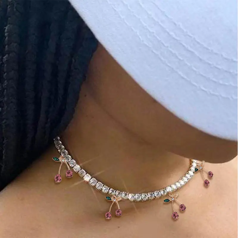 

2020 Fashion Personality Jewelry For Women Girls Crystal Tennis Chain Choker Necklace Charm Rhinestone Cherry Pendant Necklace, Gold,silver color