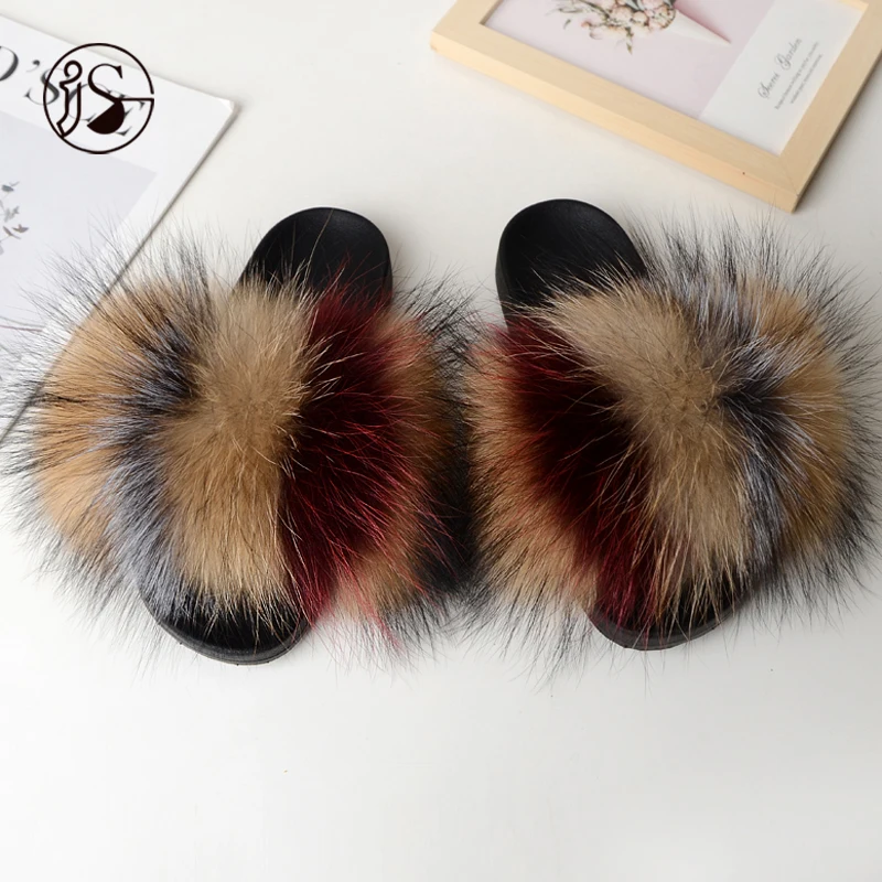 

2021 Hot Sales Design Various styles fur sandals plush outdoor slides for women 100% Fox comfy furry slippers, Picture