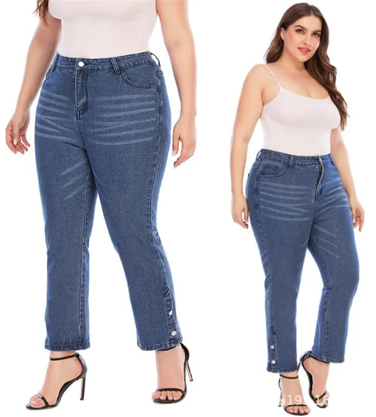 

Dark blue antique hand sanding Plus Size Women Cotton Stretch Straight Denim Pants