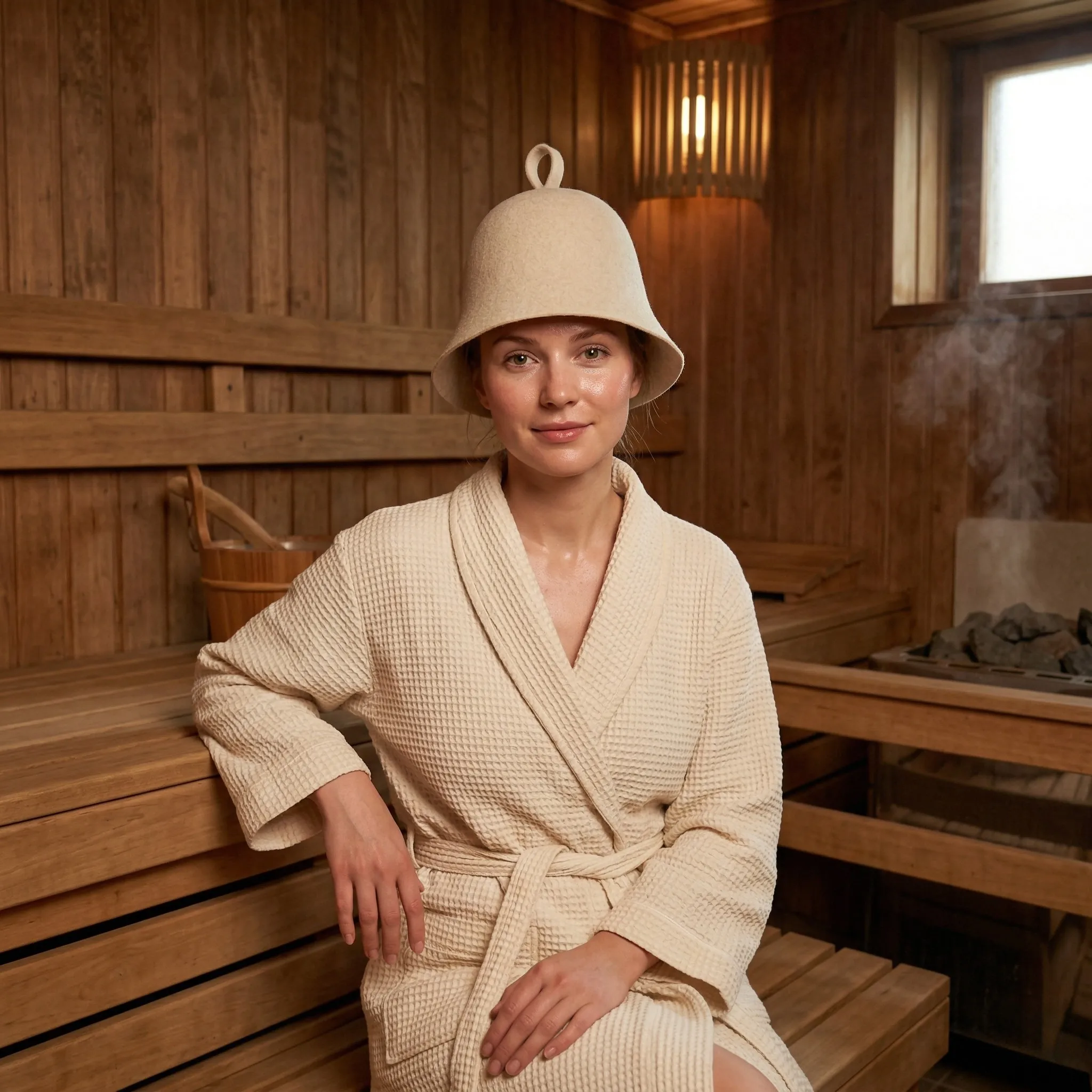 Woman in a beige waffle robe wearing a cream merino wool sauna hat on a wooden sauna bench