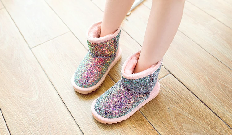 
Girls Toddlers Glitter Snow Bling Bling Kids Snow Boots Faux Fur Lining Warm Winter Non-Slip Shoes 