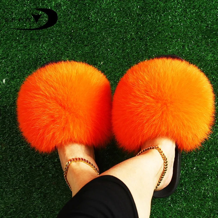 

Factory Price Durable Sole Furry Fur Wide Fur Slides Sandal Colorful solid color 100% Real Fluffy Fox Custom Logo Fur Slippers, Customized color