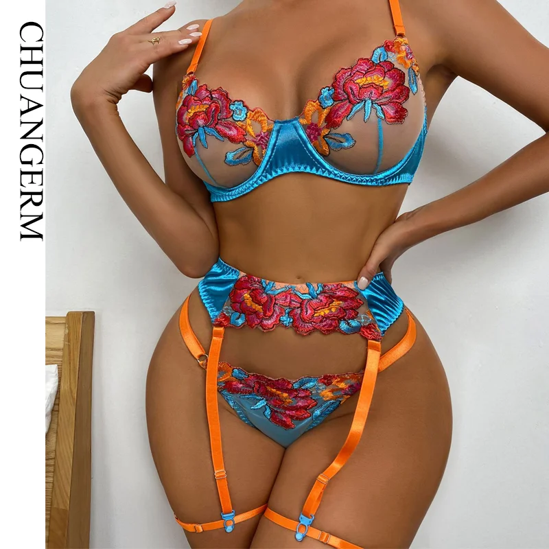 

2022 new Custom Private Label Vendor Flower Embroidered Color Lingerie Sexy Hot Transparent Women Royal Blue Sexy Lingerie Set, 2colors (accept customize)