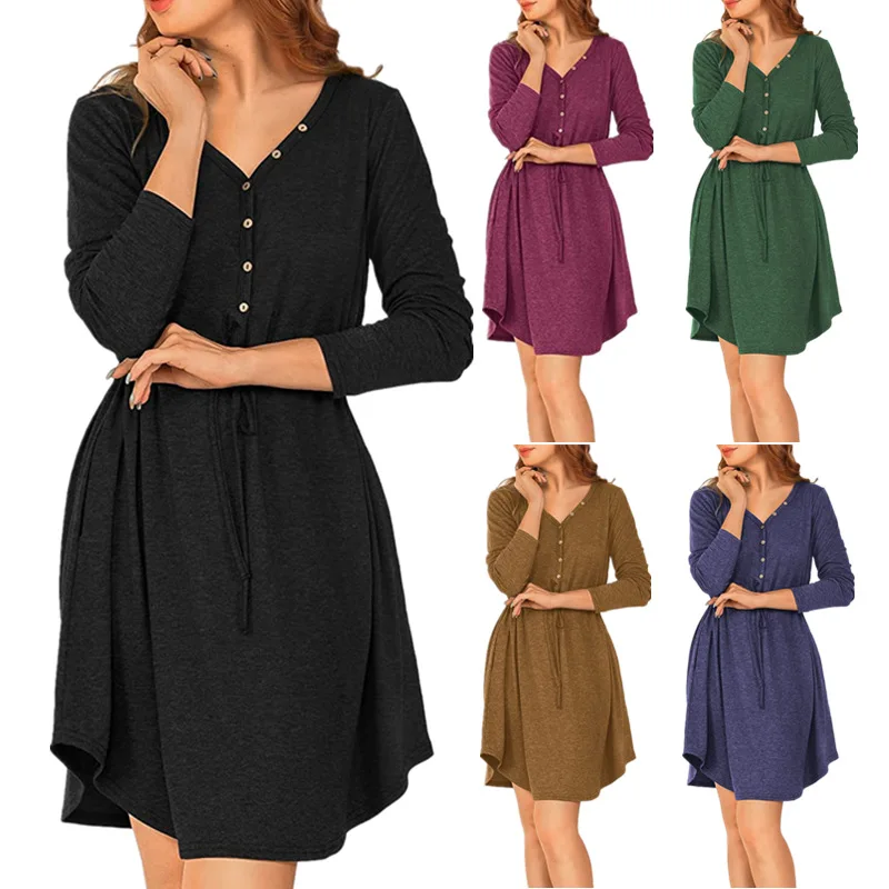 

European and American women's wish Amazon hot style solid color V-neck fashion long-sleeved button belt dress