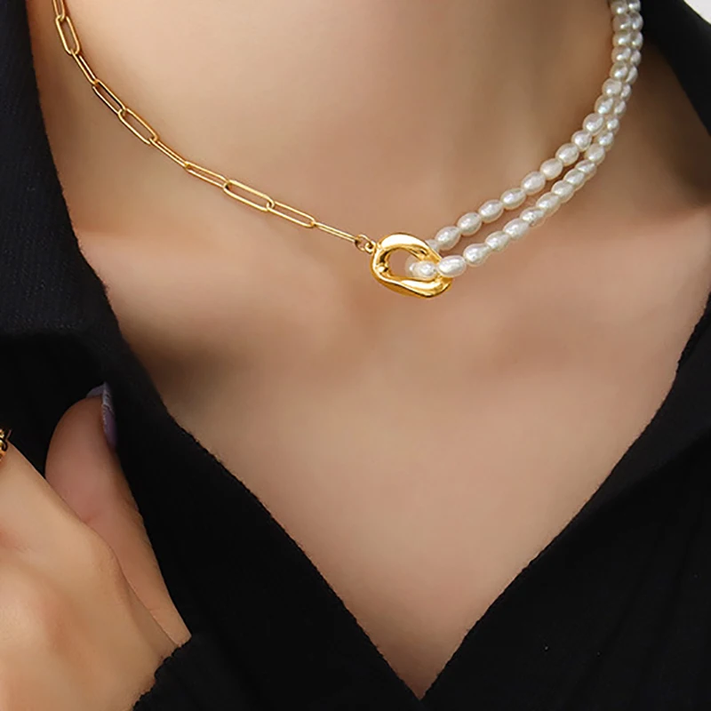 

Popular Women Jewelry Double Layer Freshwater Pearl Chain Link Chocker 18K Gold Plated Stainless Steel Necklace