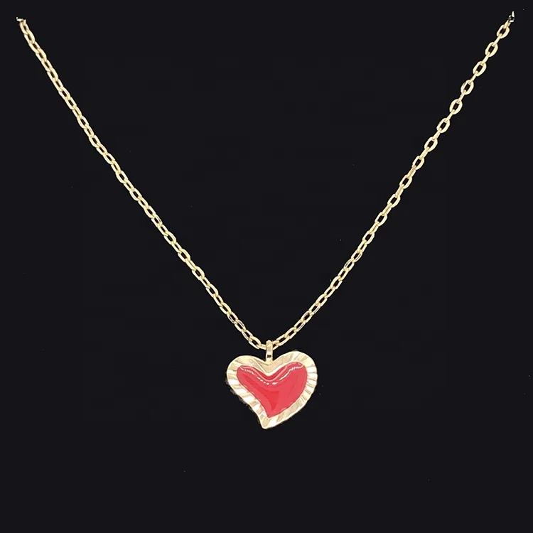 Gold Plating Embroidery Frame Epoxy Red Heart Pendant Jewelry Necklace