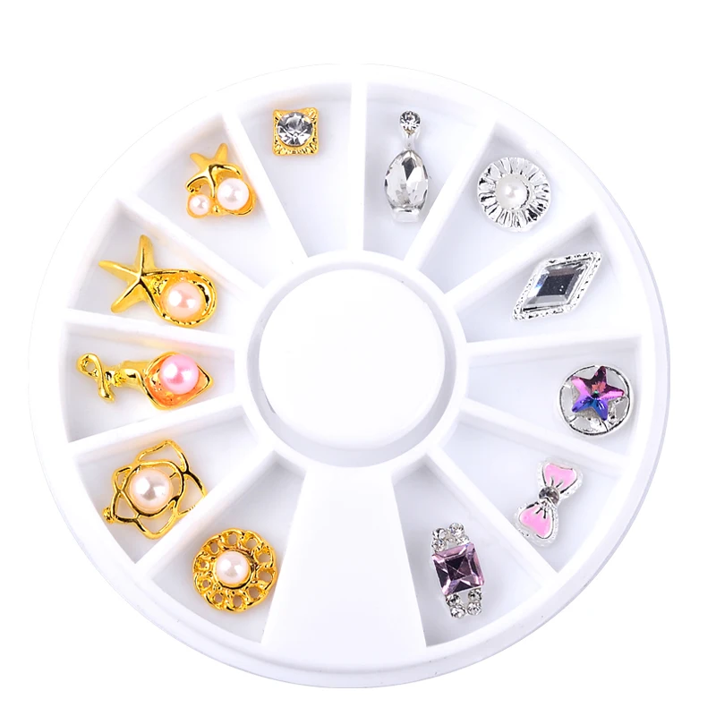 

12pcs/Box Gold Silver Bow-Knot Flowers Ocean Star Design Alloy Nail Decoration Wheel 3D Charm Metal Jewelry Nail Art Accessories