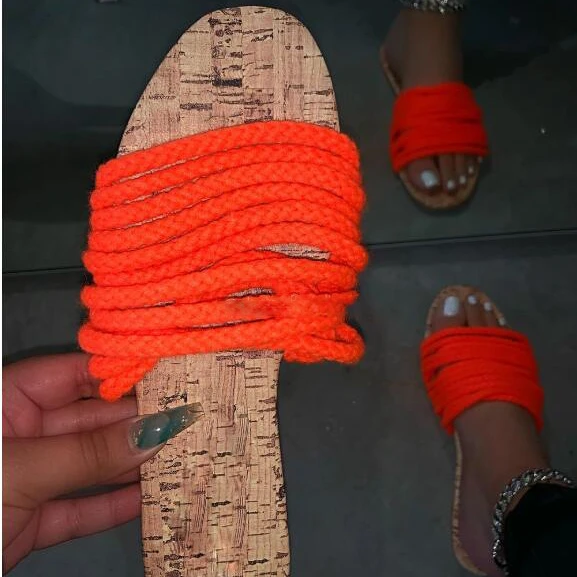 

BY9232 Factory Wholesale 2020 New Women Sandals Flat Twist Rope Slippers High Quality Shoes, Yellow;orange