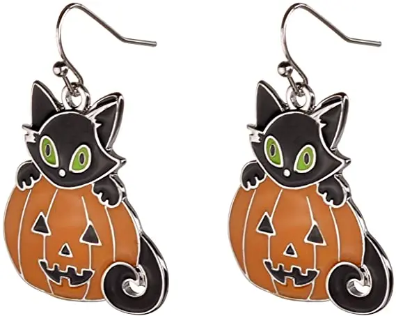 

Orange Pumpkin Earrings Black Kitty Cat Silvertone Dangle Halloween Earrings for Women Girls, Picture shows