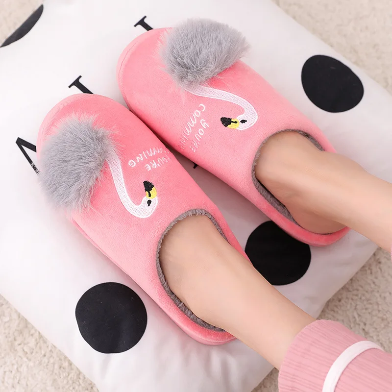 

Wholesale winter cotton slippers women's home slippers indoor warm non-slip cute thick-soled flamingo slippers, As shown