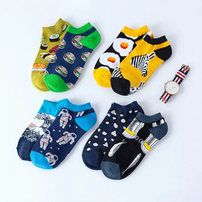 

5 pairs Summer Socks Unisex Cartoon Animal Food Patterned Socks Cute Funny Invisible cotton Ankle Socks With Logo, Custom color