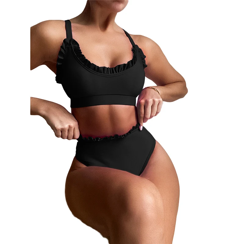 

custom logo label tag Amazon black rib bikini 2021 waves high waisted swimwear women's designer beach wear, Solid