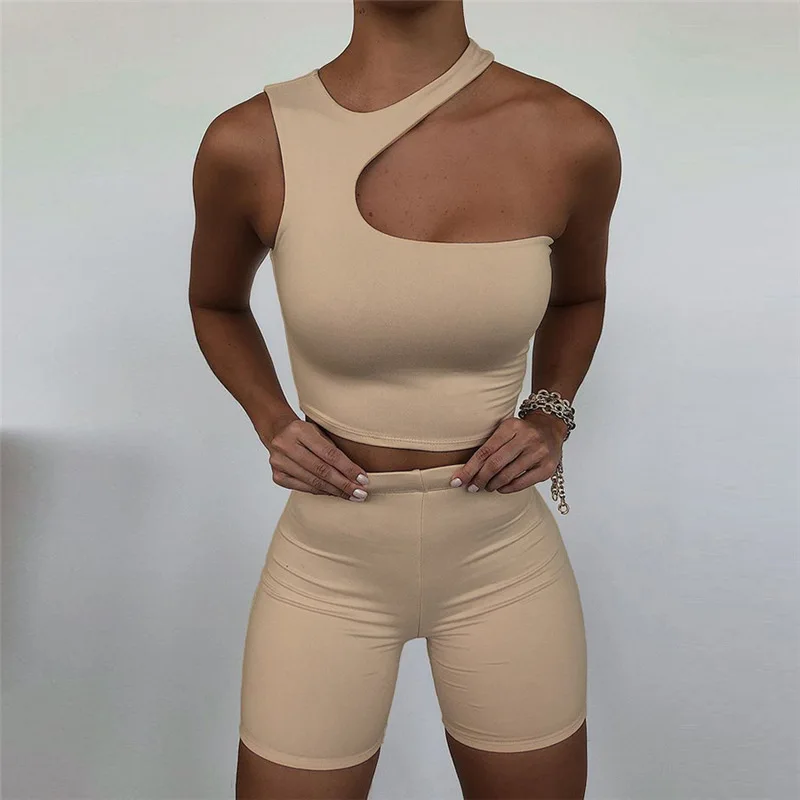 

X02974C Asymmetrical Solid Two Piece Set Women 2021 Basic Casual Crop Tops+Biker Shorts Co-ord Suit Female High Waist Sportswear, Black