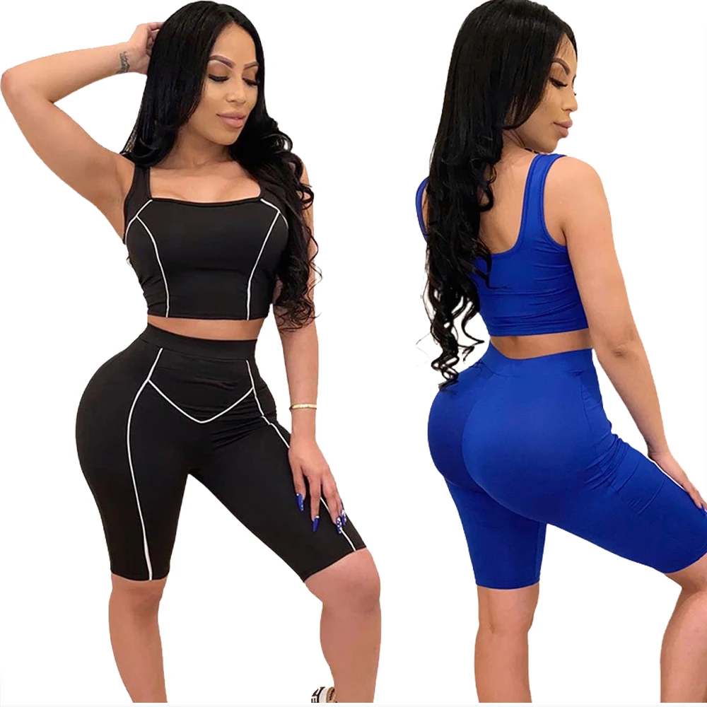 

Two Piece Sets for Women Reflective Bodycon Vest with Short Pants Two PC Sets Yoga Sport Logo Custom Top and Shorts Set RS00337